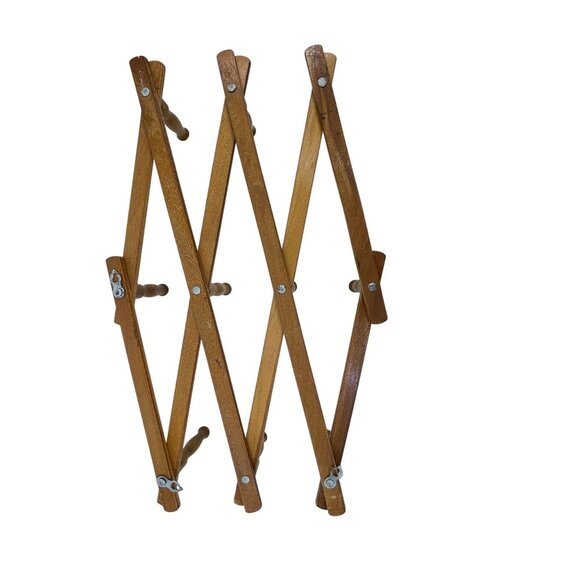 vintage wooden expandable accordion wall rack with 10 pegs made in japan - Picture 2 of 4